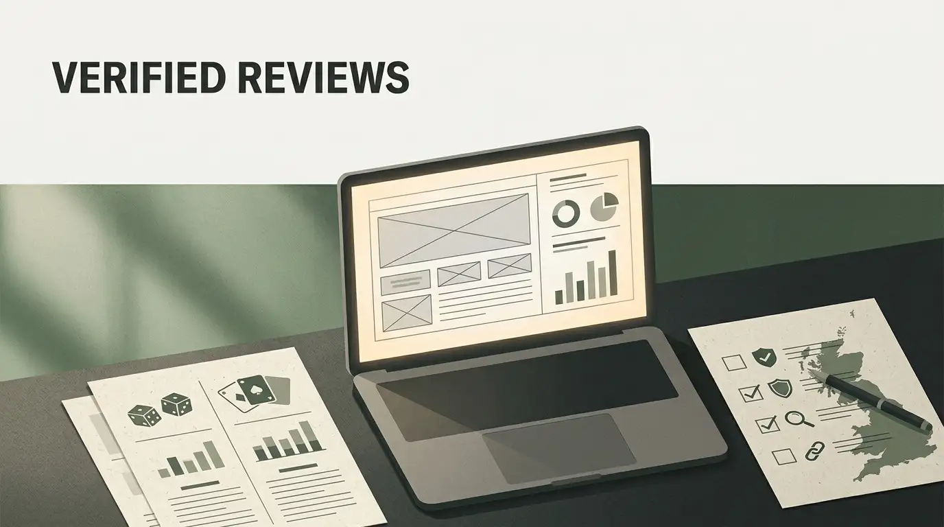 Editorial illustration of a UK online casino review workspace with neutral cards and a compliance checklist
