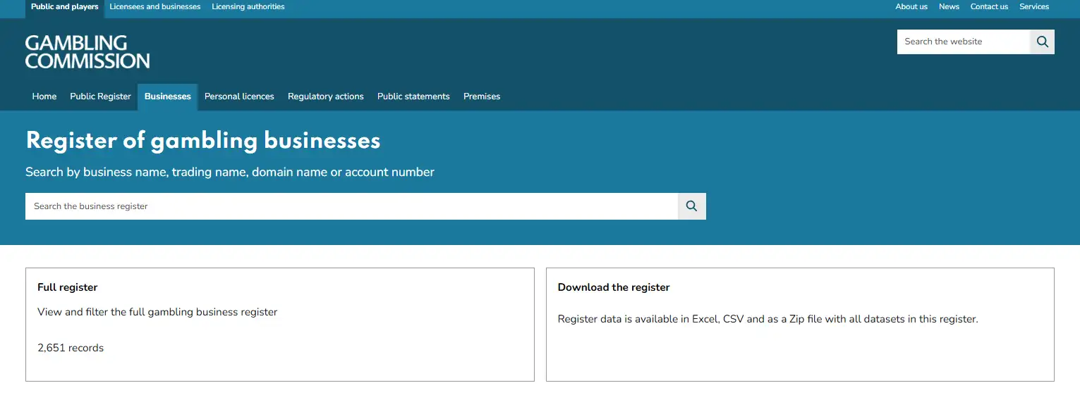 UK Gambling Commission public business register search context